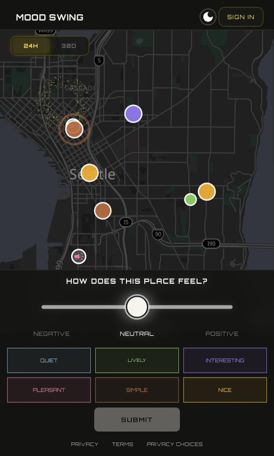 Mood Swing live map in dark mode showing colorful place markers